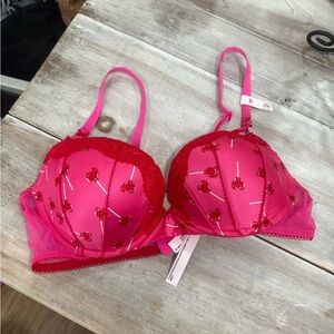 Victoria's Secret Heart Lollipop Pink and Red Bra with matching Brazilian thong
